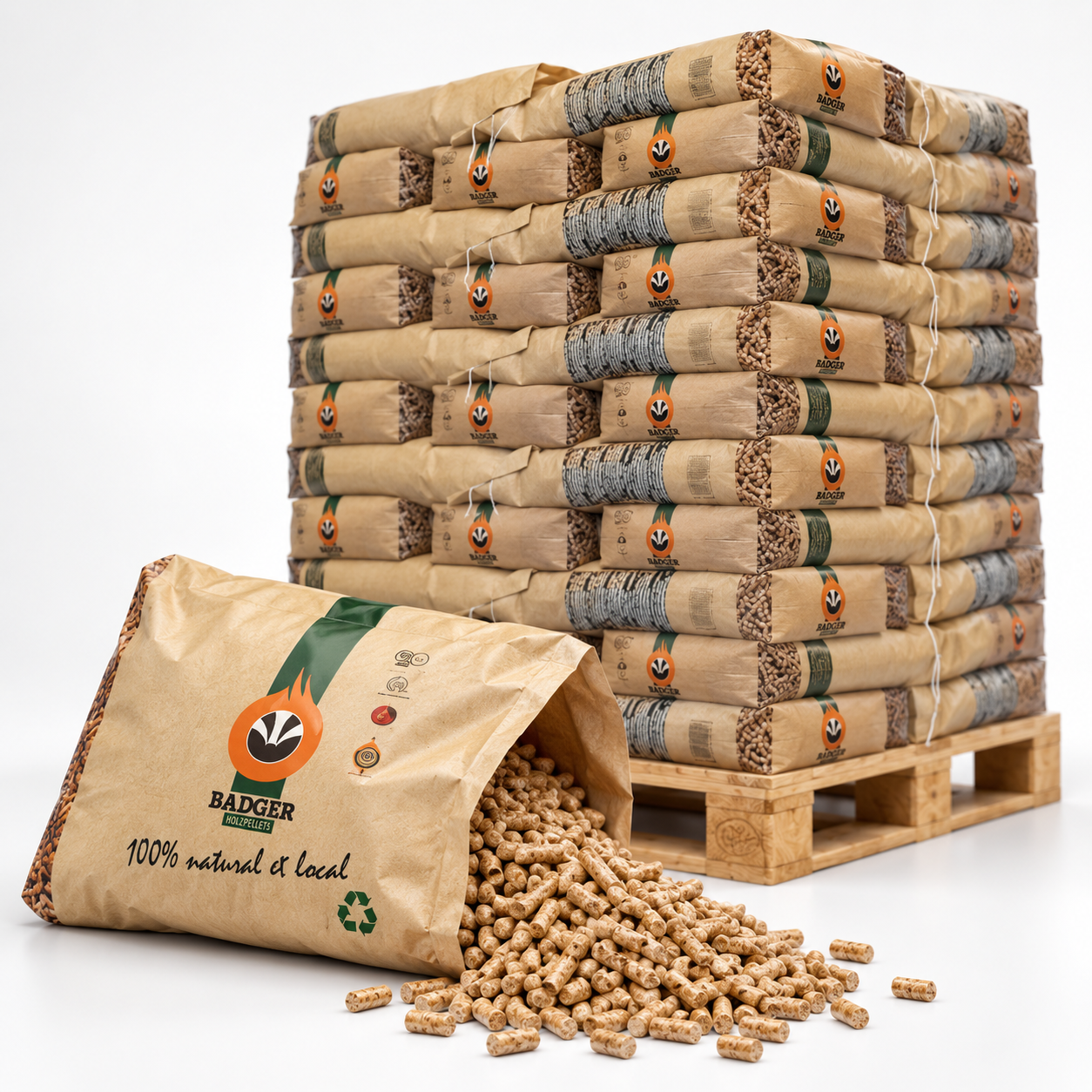Badger Holzpellets – 65 × 15 kg Palette – 100 % Nadelholz, DINplus