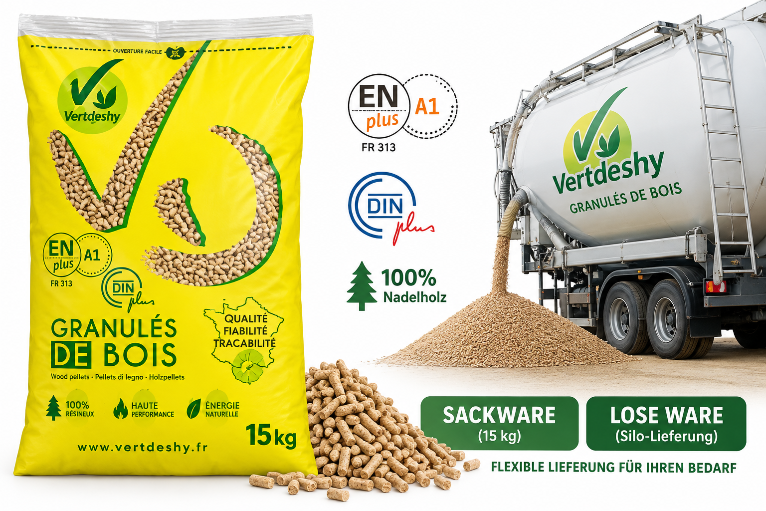 VERTDESHY Holzpellets – Sack oder lose Ware – 100 % Nadelholz, ENplus A1 & DINplus