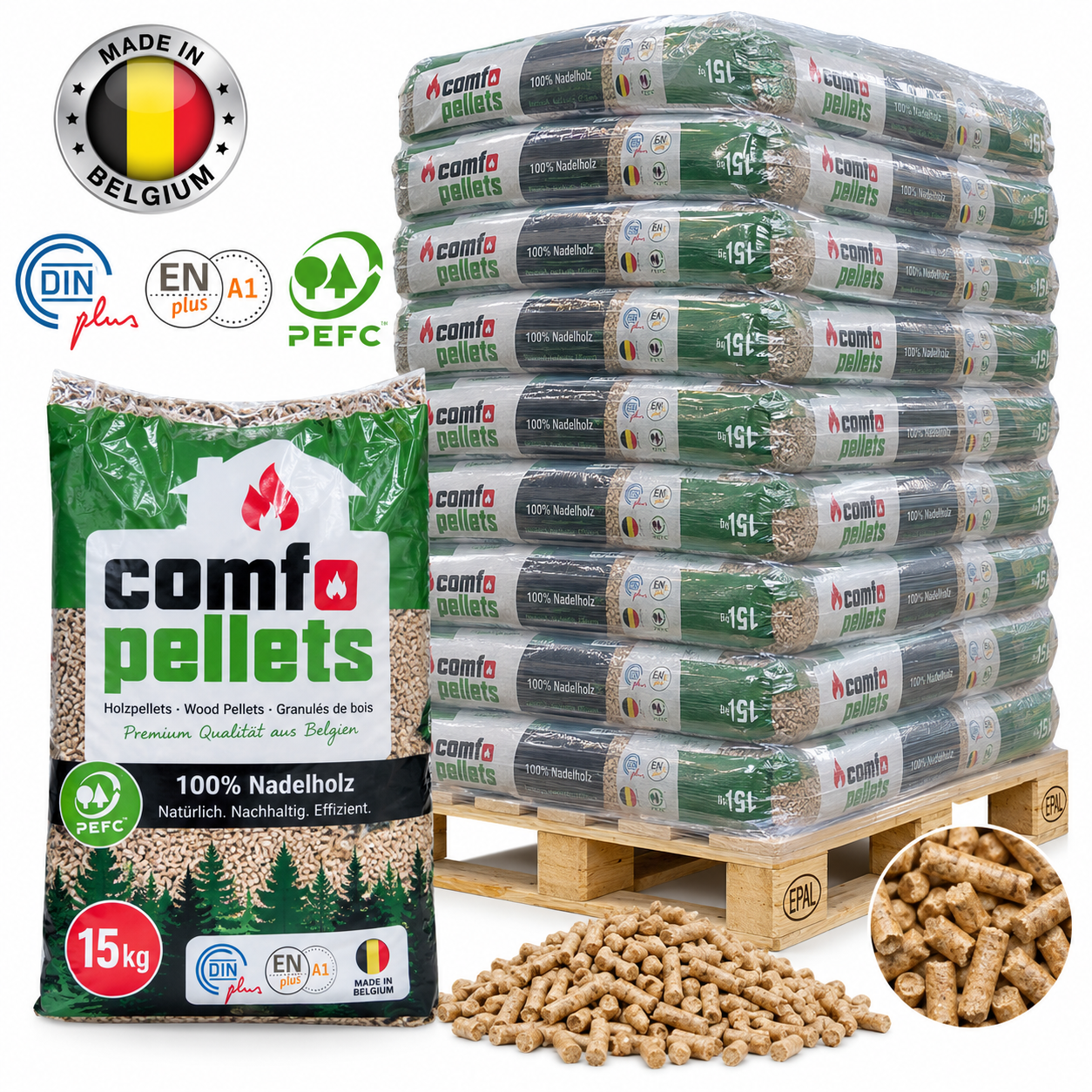 Comfo Holzpellets – 65 × 15 kg Palette (975 kg) – 100 % Nadelholz, ENplus A1 & DINplus & PEFC