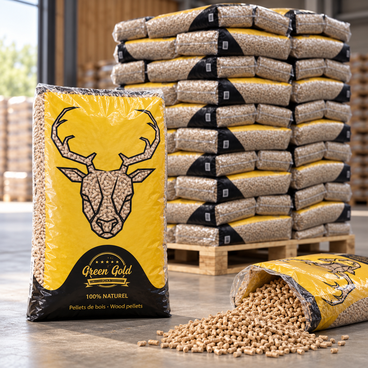 Green Gold Jura Holzpellets – 72 × 15 kg Palette (1.080 kg) – 100 % Nadelholz, DINplus & PEFC