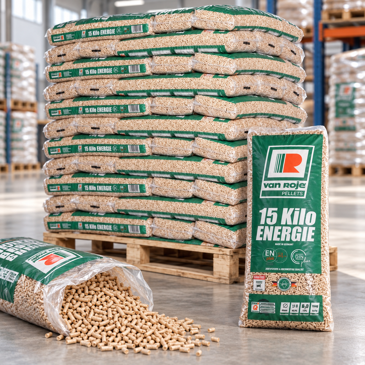 Van Roje Holzpellets – 65 × 15 kg Palette – 100 % Nadelholz, ENplus A1 & DINplus & PEFC