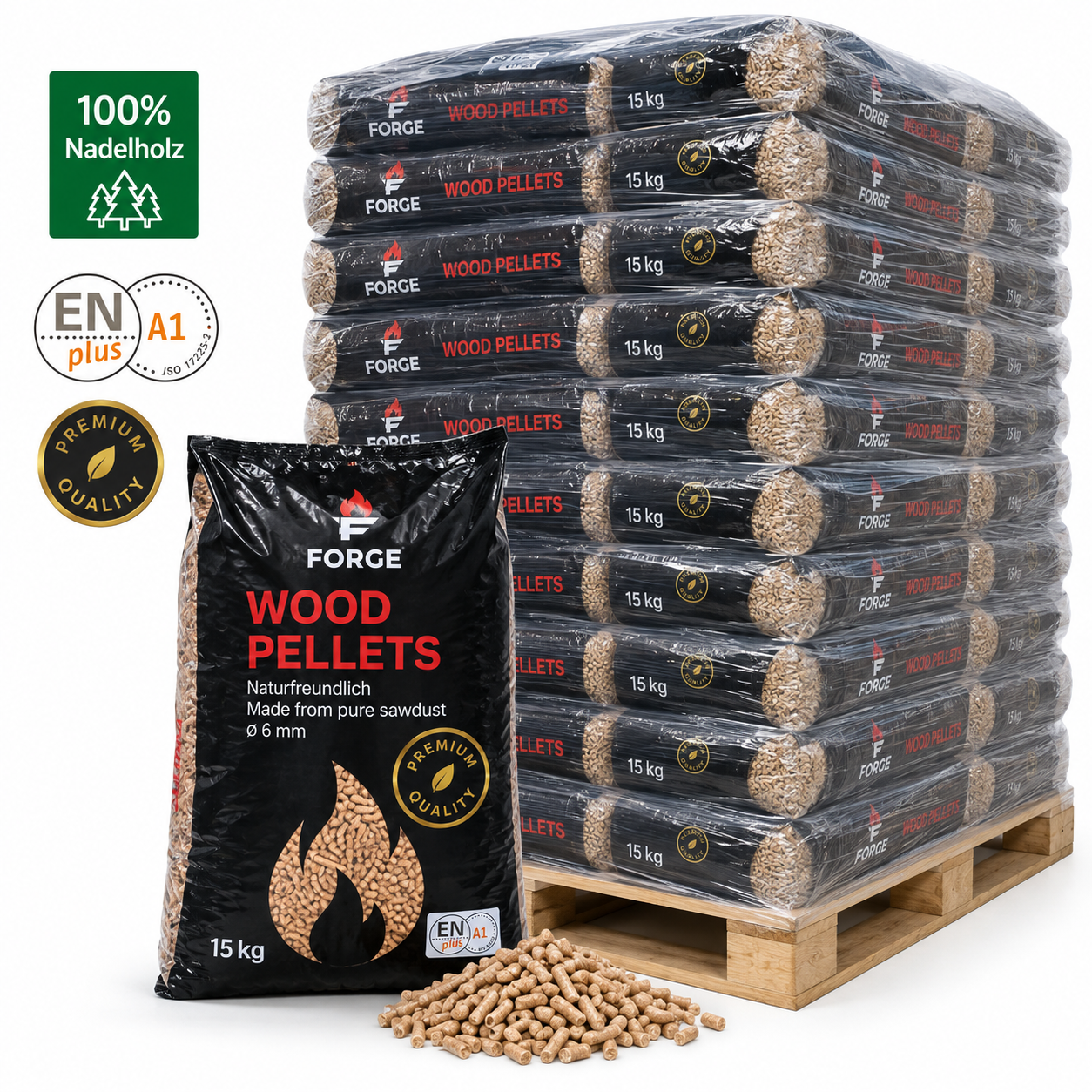 Forge Premium Holzpellets – 84 × 15 kg Palette (1260 kg) – 100 % Nadelholz, ENplus A1