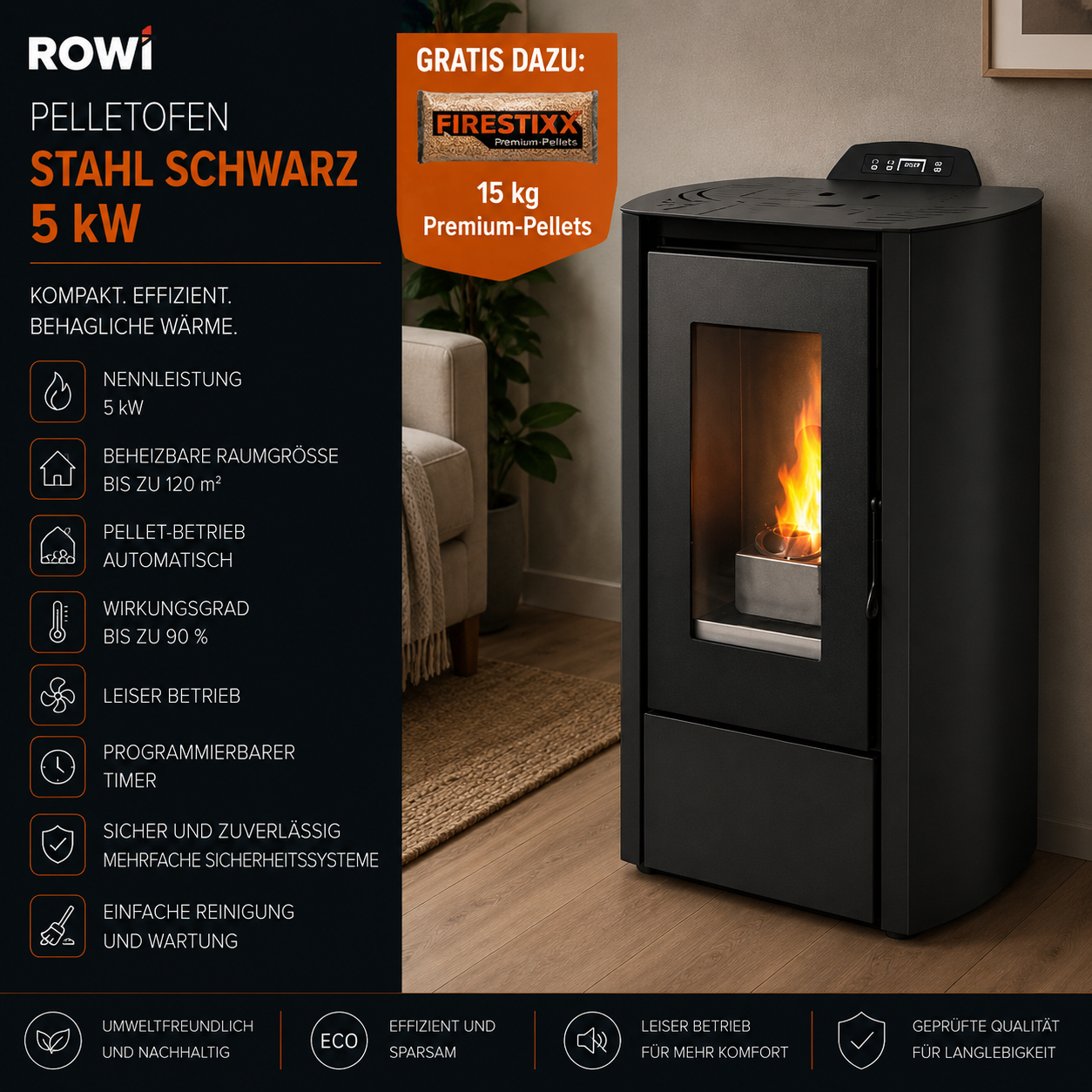 Rowi Pelletofen Stahl Schwarz 5 kW
