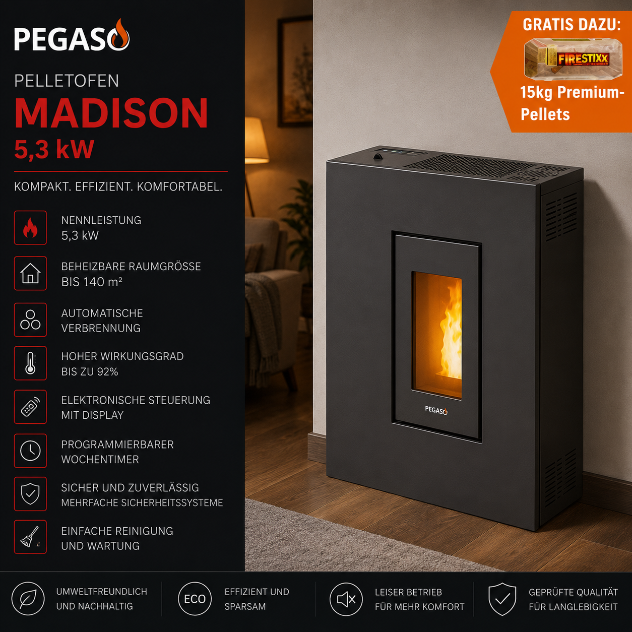 PEGASO Pelletofen Madison Stahl Anthrazit 5,3 kW mit Automatik